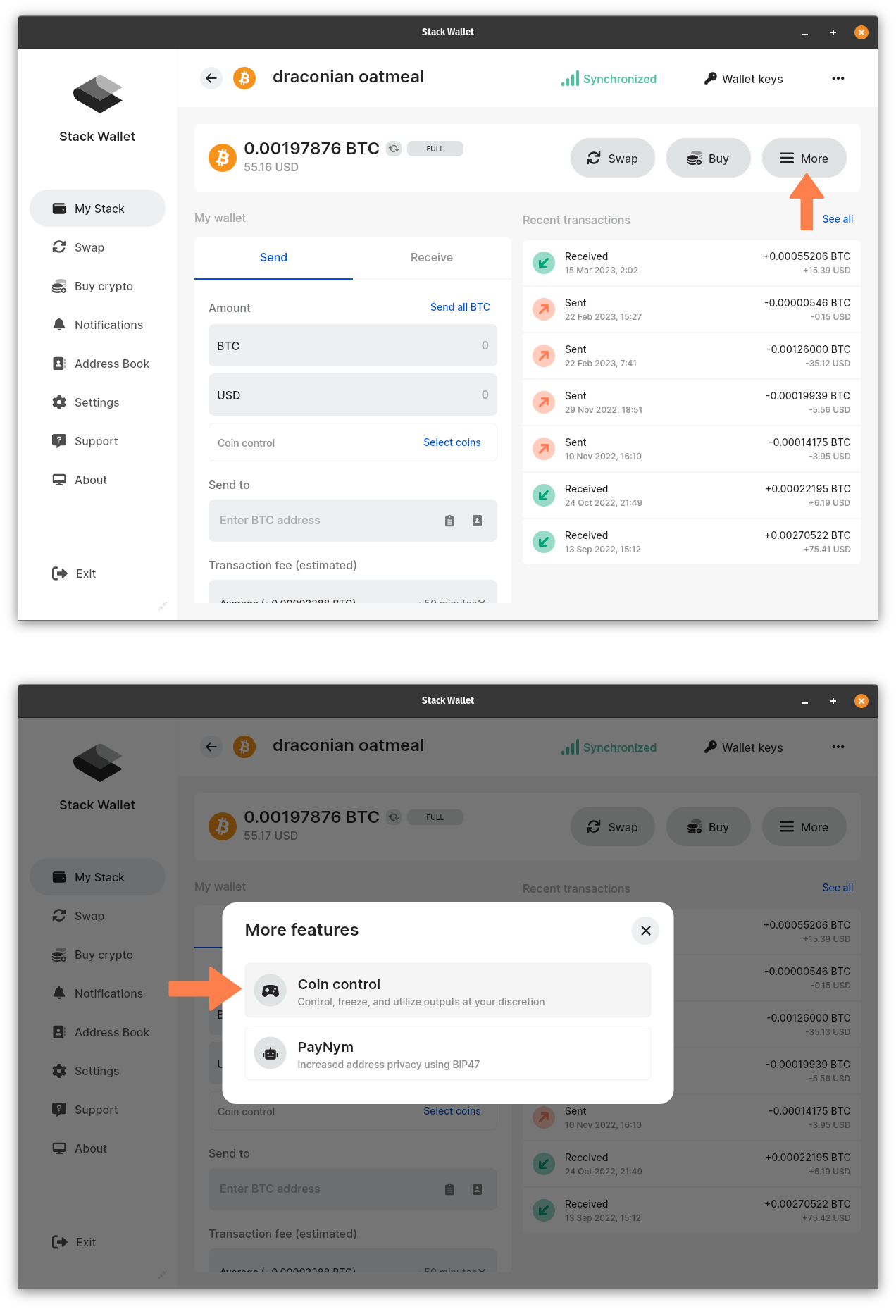 Stack Wallet Coin Control Guide - Step 1 on desktop