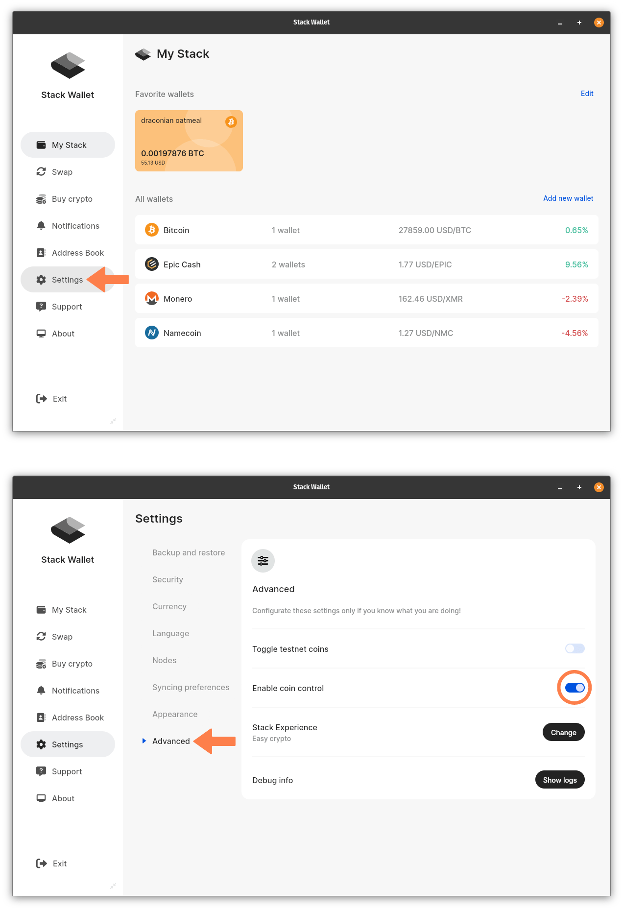 Stack Wallet Coin Control Guide - Step 1 on desktop